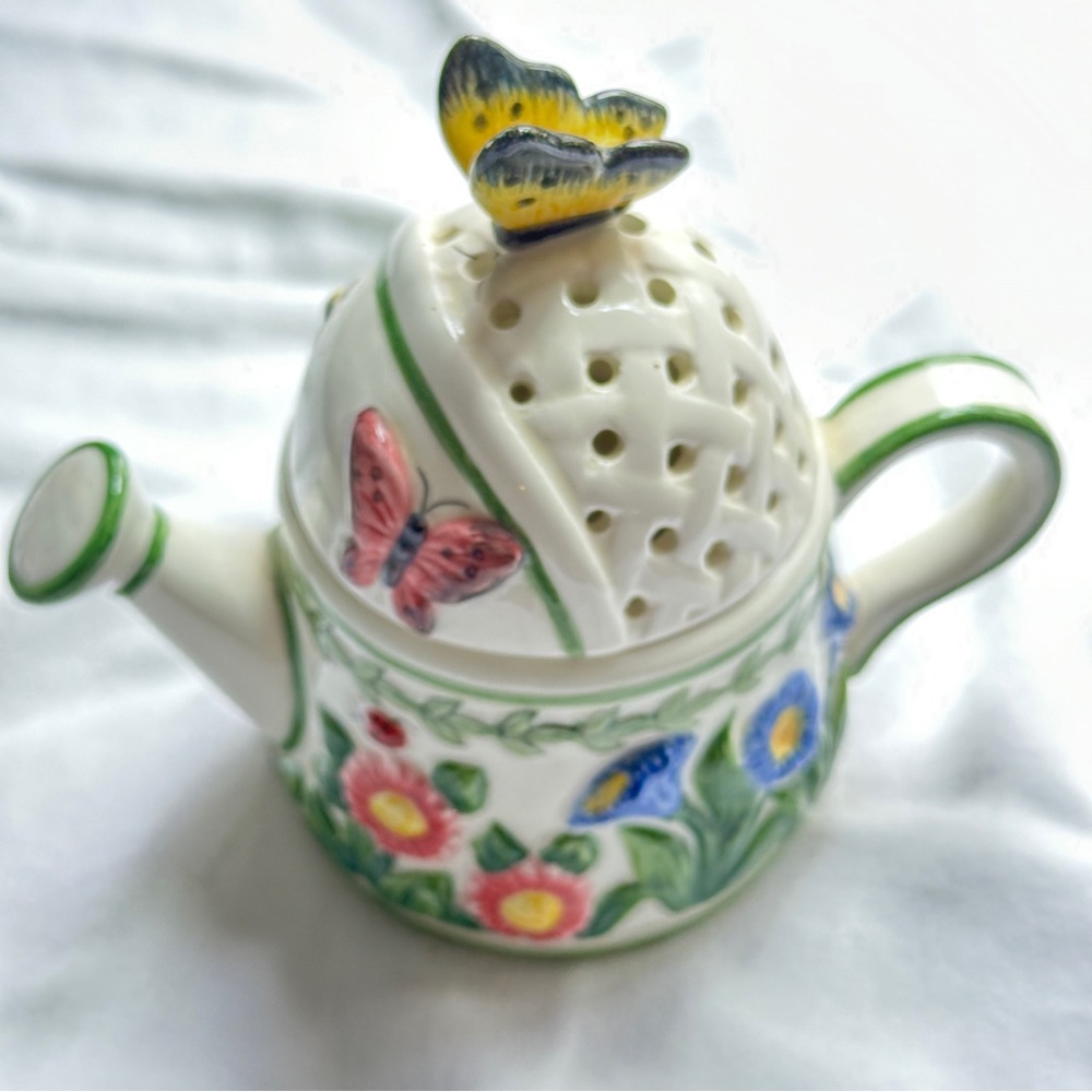 Vintage Portmeirion Ceramic Water Can Tea Light Holder  w/ Insects and Flowers